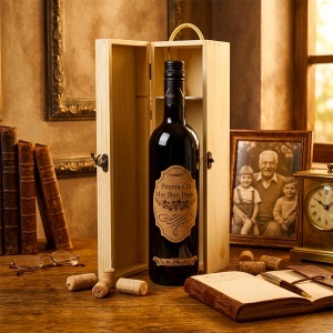 Pachet premium vin rosu "Pentru cel mai bun Bunic” in cutie din lemn gravata cu ilustratie conac - Img 2