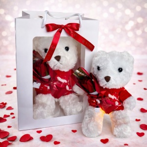 Pachet Special Valentine, urs de plus 30cm cu LED si buchetel trandafir, Alb