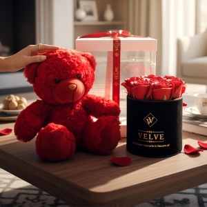 Pachet Special Valentine, ursulet Tommy 20 cm si aranjament cu 7 trandafiri de sapun, in cutie eleganta - Img 2