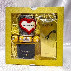 Pachet Spring, cana din ceramica 250 ml, praline Ferrero Rocher 50gr, set 2 bratari, parfum arabesc Prive Oros Riiffs unisex 100 ml, ambalate in cutie cadou