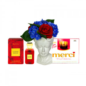 Pachet Vaza Adonis cu aranjament floral inclus, ciocolata Merci 250gr, parfum arabesc Apa de Parfum Luxury Rouge, Riiffs, Unisex- 100ml