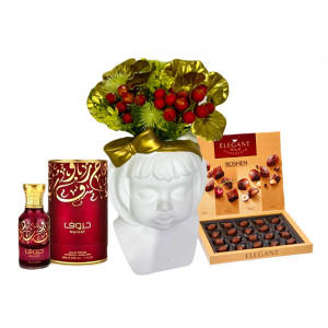Pachet Vaza Girl cu aranjament floral inclus, praline Roshen Assortment 145gr, parfum arabesc Apa de Parfum Ard al Zaafaran, Huroof, Unisex 50 ml