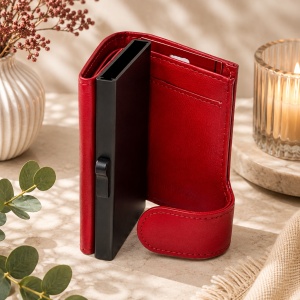 Portcard unisex Hassion din piele naturala, 9x7x2cm, Rosu - Img 2
