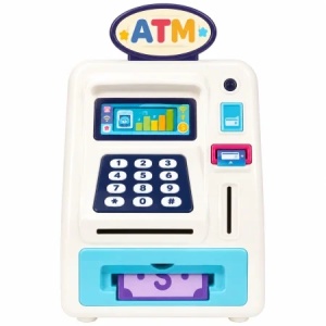 Pusculita electronica pentru copii, tip bancomat ATM, cu parola, lumini si sunete, 3 ani+, Albastru