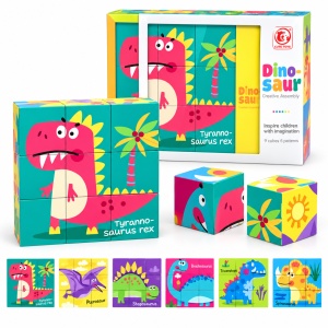 Puzzle educativ 6 in 1 cu dinozauri, 9 cuburi, 3+ ani