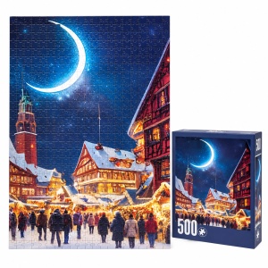 Puzzle Winter Night Street, 500 piese, peisaj de iarna cu oras luminat, multicolor