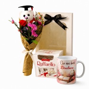 Set „Cea mai buna Directoare” cu cana personalizata, minibuchet cu ursulet, praline Raffaello si ambalaj elegant