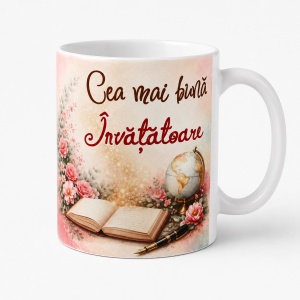 Set „Cea mai buna Invatatoare” cu cana personalizata, minibuchet cu ursulet, praline Raffaello si ambalaj elegant - Img 3