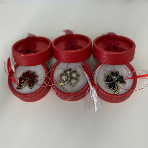 Set 3 martisoare tip brosa trifoi, Lucky, in cutii individuale cu fundita, Rosu2