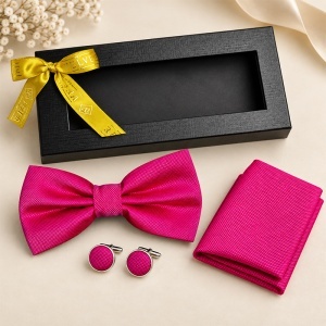 Set 3 piese Elegant pentru barbati, papion, batista si butoni, Roz fucsia - Img 4