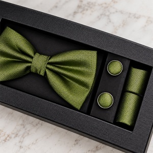 Set 3 piese Elegant pentru barbati, papion, batista si butoni, Verde lime - Img 3