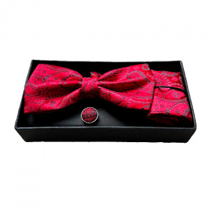 Set 3 piese Elegant , pentru barbati, papion, butoni si batista din stofa, rosu cu imprimeu negru