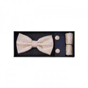 Set 3 piese Mistery, pentru barbati, papion, butoni si batista din stofa, crem cu imprimeu crem , MS107