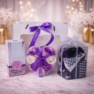 Set Arabian Love, cu parfum Washwashah 50ml, inima cu trandafiri de sapun si esarfa satinata, Mov