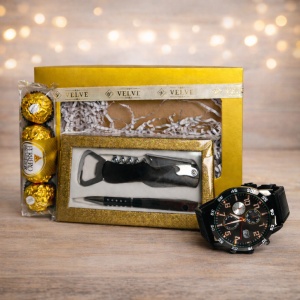 Set barbati premium, ceas Ulysees, Ferrero Rocher, pix elegant și desfacator de vin