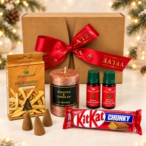 Set cadou Aroma Bliss, cu KitKat Chunky, lumanare, conuri Palo Santo si 2 uleiuri parfumate, Model Cupru - Img 2