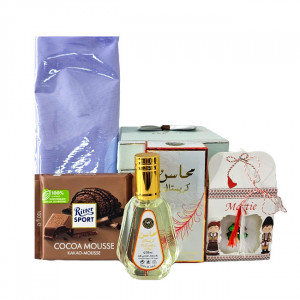 Set cadou femei Ritt, martisor, esarfa, ciocolata Ritter, parfum arabesc Mahasin Crystal 50 ml, in cutie eleganta cu funda