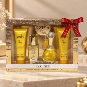 Set cadou femei V.V.LOVE Golden, apa de parfum 30 ml, body mist, gel de dus si lotiune de corp - Img 6