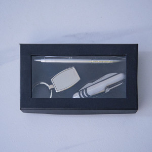 Set cadou pentru barbati, 3 piese, briceag multifunctional, pix si breloc metalic, Argintiu