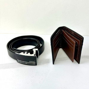Set cadou pentru barbati JESOU COLLECTION, cutie cu sertar cu portofel si curea ajustabila din piele 20x15 cm, Negru
