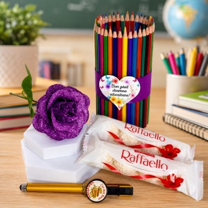 Set cadou pentru Educatoare, cu creioane colorate, pix personalizat, trandafir de sapun si Raffaello - Img 3