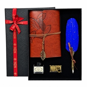 Set caligrafie Vintage Spark cu jurnal maro, toc cu pana albastra, calimara si suport, in cutie cadou