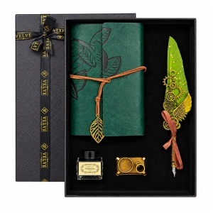 Set caligrafie Vintage Spark Verde cu jurnal, toc cu pana, cerneala si suport, in cutie cadou