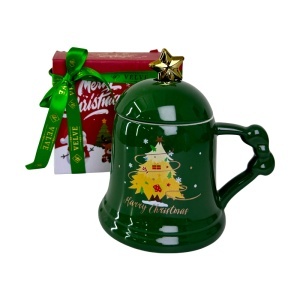 Set cana ceramica cu capac si lingurita, in forma de clopot, 350 ml, ambalata in cutie cadou, 15x11 cm