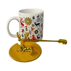 Set cana ceramica cu capac si lingurita, Ren Auriu, ambalata in cutie cadou, 250 ml - Img 4