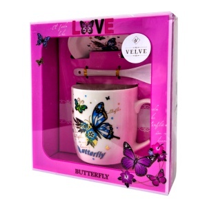 Set cana ceramica, farfurie si lingurita, Butterfly, ambalata in punga cu fereastra, 200ml