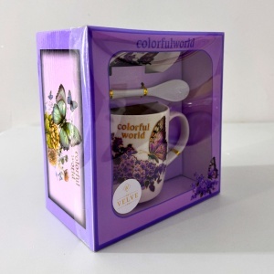 Set cana ceramica, farfurie si lingurita, Colorful World, ambalata in cutie cu fereastra, 200ml - Img 2