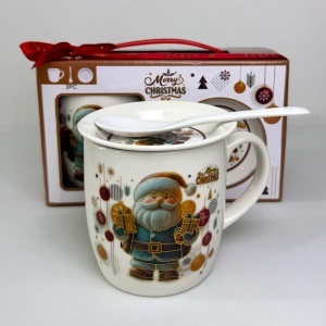 Set cana ceramica, farfurie si lingurita, cu Mos Craciun, ambalata in cutie cadou cu toarta, 200 ml - Img 3