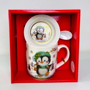 Set cana ceramica, farfurie si lingurita, Merry Christmas Penguin, ambalata in cutie cu fereastra, 200ml - Img 4