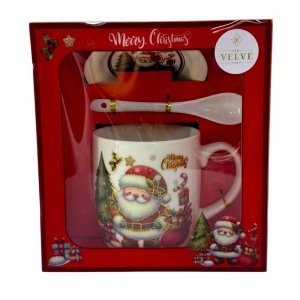 Set cana ceramica, farfurie si lingurita, Merry Christmas Santa, ambalata in cutie cu fereastra, 200ml