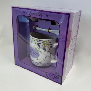 Set cana din ceramica pentru ceai, Energy Mug, 300ml, cu lingurita si farfurie din ceramica, imprimata floral, in cutie  eleganta, Lavender Taste2