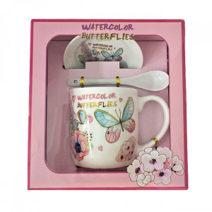 Set cana din ceramica pentru ceai, Energy Mug, 300ml, cu lingurita si farfurie din ceramica, imprimata floral, in cutie eleganta, WaterColor Butterflies Blue 5