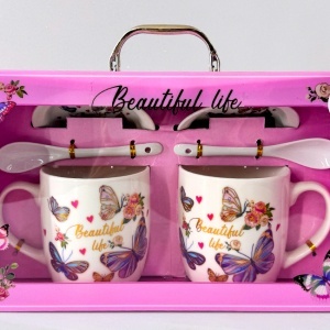 Set ceramic, Beautiful Life, doua cani imprimate, doua lingurite ceramice si farfurii in ton, Roz-Mov - Img 2
