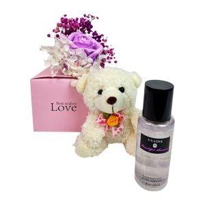 Set cu ursulet de plus crem, trandafir mov de sapun, gypsophila criogenata si Shine Body Mist 90 ml - Img 4