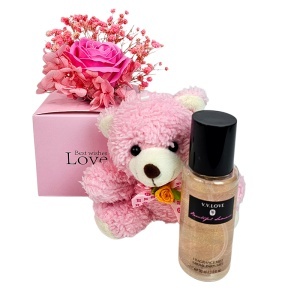 Set cu ursulet de plus, trandafir roz de sapun, gypsophila criogenata si Shine Body Mist 90 ml - Img 6