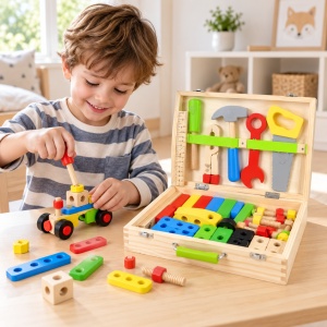 Set de scule din lemn pentru copii, 69 piese, cutie portabila, accesorii de constructie, 3ani+ - Img 3