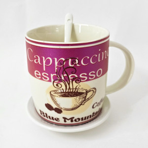 Set pentru cafea sau ceai Espresso, 350ml, cu cana imprimata, lingurita si farfurie asortata, in cutie eleganta 3