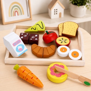 Set din lemn pentru copii, cu alimente si accesorii pentru feliat, 11 piese, Multicolor, 3 ani+ - Img 3