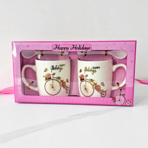 Set elegant ceramic, Happy Holidays, cu doua cani imprimate, 250ml si doua lingurite ceramice, in cutie eleganta, Retro Bicycle, Lila