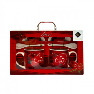 Set elegant ceramic, Love, cu doua cani imprimate, 300ml, doua lingurite ceramice si farfurii asortate, in cutie eleganta, Rosu - Img 1