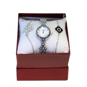 Set elegant Francesca di Geneva, cu ceas metalic si doua bratari asortate din inox, Argintiu