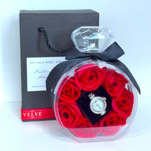 Set floral My Only Rose, ambalaj decorativ tip sticla parfum, Trandafiri de sapun si ceas de dama cu cristale, in cutie eleganta cu mesaj detaliu cutie