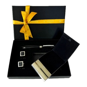 Set cadou pentru barbati VLV, 3 piese port card, butoni si pix, Negru