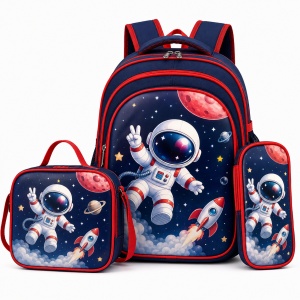 Set ghiozdan baieti pentru scoala 3 piese cu astronaut si racheta, 42 x 33 cm