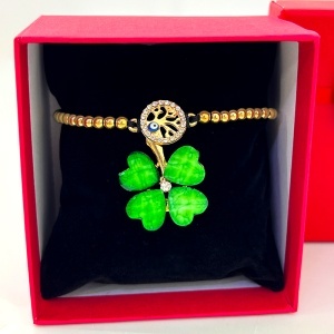 Set Martisor bratara cu Copacul Vietii si brosa trifoi verde, in cutie rosie eleganta - Img 2