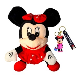 Set Minnie rosu, jucarie de plus 35 cm si breloc, in punga de cadou